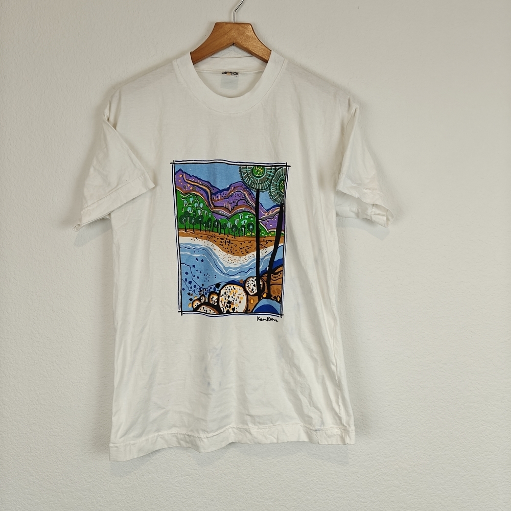 Vintage 90s Ken Done Hawaii Beach Graphic Print White Short Sleeve Shirt M